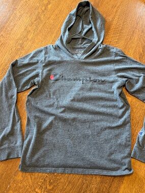 Champion Gray Hooded Long Sleeve, Youth XL or Womens S